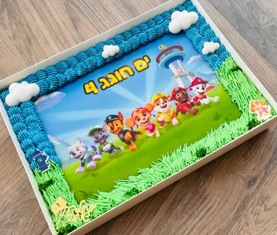 עוגת גן יחידת החילוץ מלבנית מצולמת מלמעלה, עם דף סוכר וזילופים כחולים וירוקים
